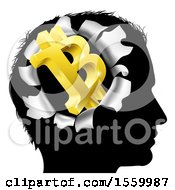 Poster, Art Print Of Black Silhouetted Mans Head With A 3d Gold Bitcoin Symbol Breaking Out Thinking About Money