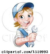 Clipart Of A White Female Plumber Holding A Spanner Wrench Around A Sign Royalty Free Vector Illustration