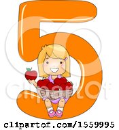 Poster, Art Print Of Happy Blond White Girl Holding 5 Apples And Sitting On Number Five