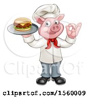 Poster, Art Print Of Full Length Chef Pig Holding A Cheeseburger On A Tray And Gesturing Okay