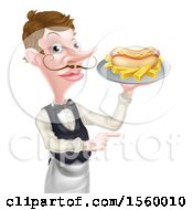 Poster, Art Print Of White Male Waiter Holding A Hot Dog And French Fries On A Platter And Pointing