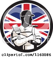 Clipart Of A Retro Male Handyman Holding A Paintbrush And Hammer In A Union Jack Flag Circle Royalty Free Vector Illustration
