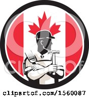 Poster, Art Print Of Retro Male Handyman Holding A Paintbrush And Hammer In A Canadian Flag Circle