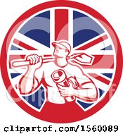 Retro Drainlayer Man Carrying A Shovel And Pipe In A Union Jack Flag Circle