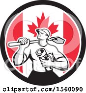 Poster, Art Print Of Retro Drainlayer Man Carrying A Shovel And Pipe In A Canadian Flag Circle