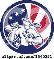 Poster, Art Print Of Retro Drainlayer Man Carrying A Shovel And Pipe In An American Flag Circle