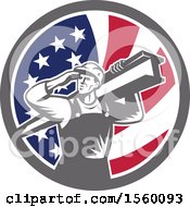 Clipart Of A Retro Male Construction Worker Shielding His Eyes And Carrying A Beam In An American Flag Circle Royalty Free Vector Illustration