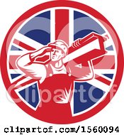 Clipart Of A Retro Male Construction Worker Shielding His Eyes And Carrying A Beam In A Union Jack Flag Circle Royalty Free Vector Illustration