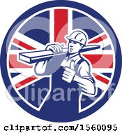 Clipart Of A Retro Male Carpenter Carrying Lumber And Giving A Thumb Up In A Union Jack Flag Circle Royalty Free Vector Illustration