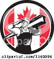 Poster, Art Print Of Retro Male Construction Worker Shielding His Eyes And Carrying A Beam In A Canadian Flag Circle