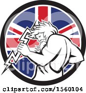 Clipart Of A Retro Zeus Holding A Thunder Bolt In A Union Jack Flag Circle Royalty Free Vector Illustration by patrimonio