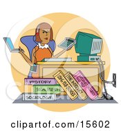Busy Female College Student Working On A Laptop Using A Calculator And Computer All While Listening To Music At Her Desk Clipart Illustration
