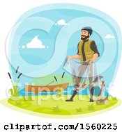 Clipart Of A Man With Fish In A Net Royalty Free Vector Illustration