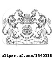 Clipart Of A Rampant Lion And Unicorn Flanking A Lion Shield Over A Banner Black And White Woodcut Royalty Free Vector Illustration