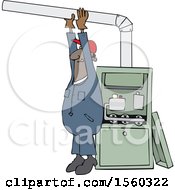 Cartoon Black Male Furnace Installer Adjusting A Pipe