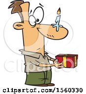 Cartoon White Man Holding A Gift With A Birthday Candle On His Nose
