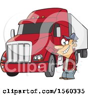 Cartoon Happy White Male Trucker By His Big Rig