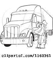 Poster, Art Print Of Cartoon Outline Happy Male Trucker By His Big Rig