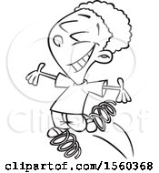 Clipart Of A Cartoon Lineart Boy Bouncing On Springs Royalty Free Vector Illustration