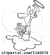 Clipart Of A Cartoon Lineart Male Angel Holding A Lyre On A Cloud Royalty Free Vector Illustration