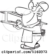 Clipart Of A Cartoon Lineart Steel Worker Carrying A Beam Royalty Free Vector Illustration