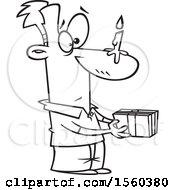 Clipart Of A Cartoon Lineart Man Holding A Gift With A Birthday Candle On His Nose Royalty Free Vector Illustration