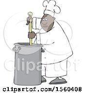 Poster, Art Print Of Cartoon Black Male Chef Stirring A Large Pot Of Soup With A Spoon