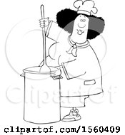 Clipart Of A Cartoon Lineart Black Culinary Chef Woman Mixing A Pot Of Food In A Kitchen Royalty Free Vector Illustration