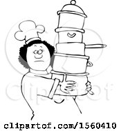 Poster, Art Print Of Lineart Black Chef Woman In A White Hat And Uniform Carrying A Large Stack Of Pots
