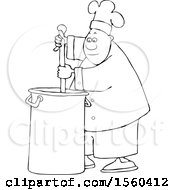 Poster, Art Print Of Cartoon Lineart Black Male Chef Stirring A Large Pot Of Soup With A Spoon