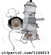 Happy Black Chef Woman In A White Hat And Uniform Carrying A Large Stack Of Pots