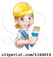 Poster, Art Print Of Cartoon Happy Female Painter Holding A Brush Around A Sign