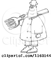 Poster, Art Print Of Lineart Black Male Chef In Carrying A Giant Fork Over His Shoulder