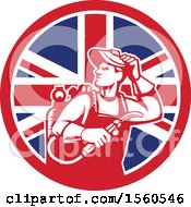 Poster, Art Print Of Retro Male Welder Looking Back Over His Shoulder In A Union Jack Flag Circle