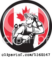 Poster, Art Print Of Retro Male Welder Looking Back Over His Shoulder In A Canadian Flag Circle