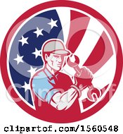 Clipart Of A Retro Handy Man Or Mechanic Flexing And Holding A Spanner Wrench In An American Flag Circle Royalty Free Vector Illustration