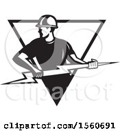 Black And White Retro Male Electrician Pulling A Lightning Bolt In A Triangle