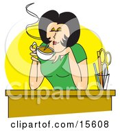 Happy Woman Enjoying The Wonderful Scent Of Her Hot Coffee While Sitting At Her Desk On A Break