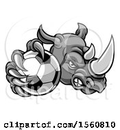 Poster, Art Print Of Tough Rhino Monster Mascot Holding Out A Soccer Ball In One Clawed Paw