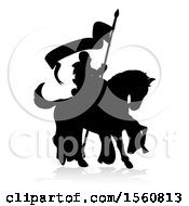 Clipart Of A Black Silhouetted Knight On A Horse With A Shadow On A White Background Royalty Free Vector Illustration