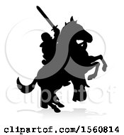 Poster, Art Print Of Black Silhouetted Medieval Knight On A Rearing Horse With A Shadow On A White Background
