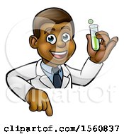 Clipart Of A Friendly Black Male Scientist Holding A Test Tube Over A Sign Royalty Free Vector Illustration by AtStockIllustration