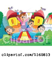 Clipart Of A Group Of Children Playing On A Bouncy House Castle In A Yard Royalty Free Vector Illustration by visekart