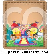 Clipart Of A Parchment Border With A Group Of Children Playing On A Bouncy House Castle In A Yard Royalty Free Vector Illustration by visekart