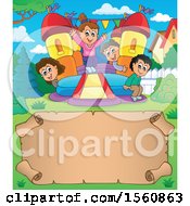 Poster, Art Print Of Parchment Border With A Group Of Children Playing On A Bouncy House Castle In A Yard