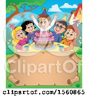 Poster, Art Print Of Scroll Border Of A Group Of Children Celebrating At A Birthday Party