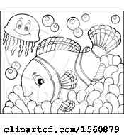 Poster, Art Print Of Lineart Jellyfish And Clownfish On An Anemone