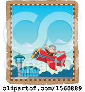 Clipart Of A Parchment Border Of A Male Aviator Waving And Flying A Plane Near An Airport Royalty Free Vector Illustration by visekart
