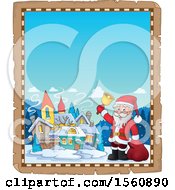 Clipart Of A Parchment Border Of Santa Ringing A Christmas Bell Royalty Free Vector Illustration