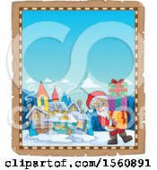 Clipart Of A Parchment Border Of Santa Carrying Christmas Presents Royalty Free Vector Illustration